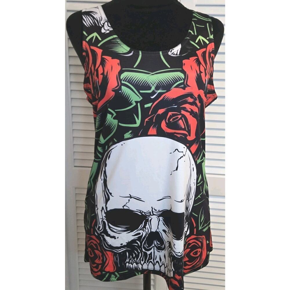 Skull Roses Racerback Long Tank Top Or Mini Dress LARGE Poly GOTH GRUNGE